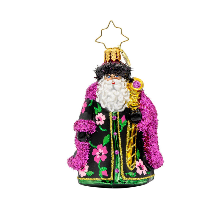 Midnight Blossom St. Nick Gem ornament. Santa dons a black and pink robe with hand-painted floral designs. He holds a gold scepter. View of front. 