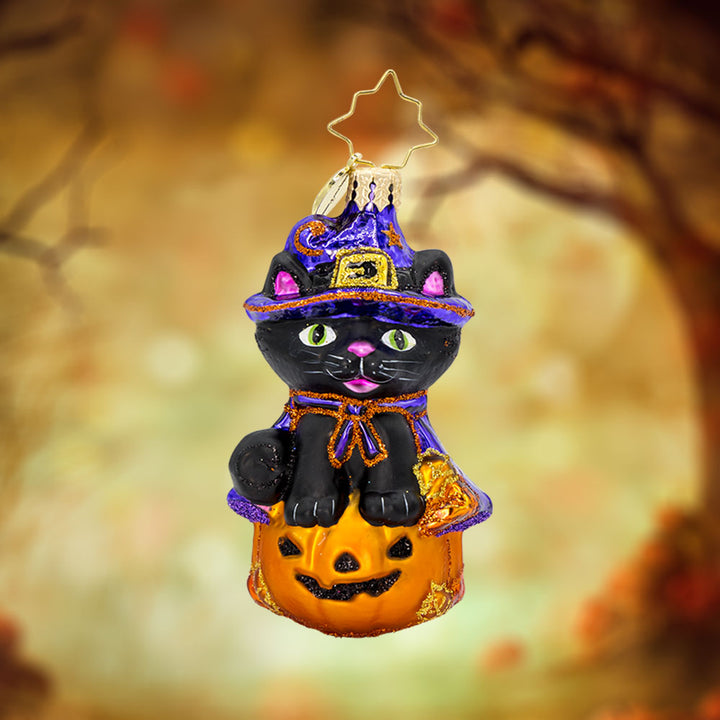 Witchy Whiskers Gem ornament. A black cat wears a purple witches' hat and cape, sitting atop a jack-o-lantern. View of front. 