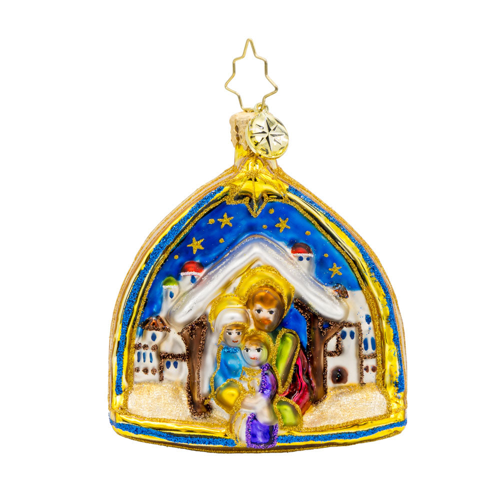 Two Scenes of the Savior Gem ornament.  The manger scene and Bethlehem Star in one enchanting piece.  View of front. 