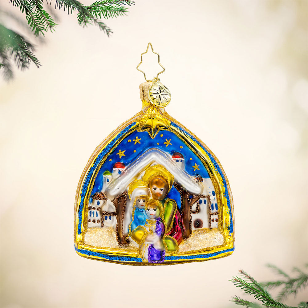 Two Scenes of the Savior Gem ornament.  The manger scene and Bethlehem Star in one enchanting piece.  View of front. 