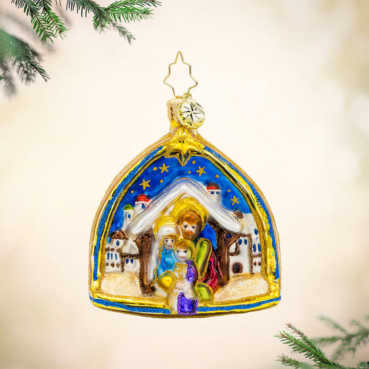 Two Scenes of the Savior Gem ornament.  The manger scene and Bethlehem Star in one enchanting piece.  View of front. 