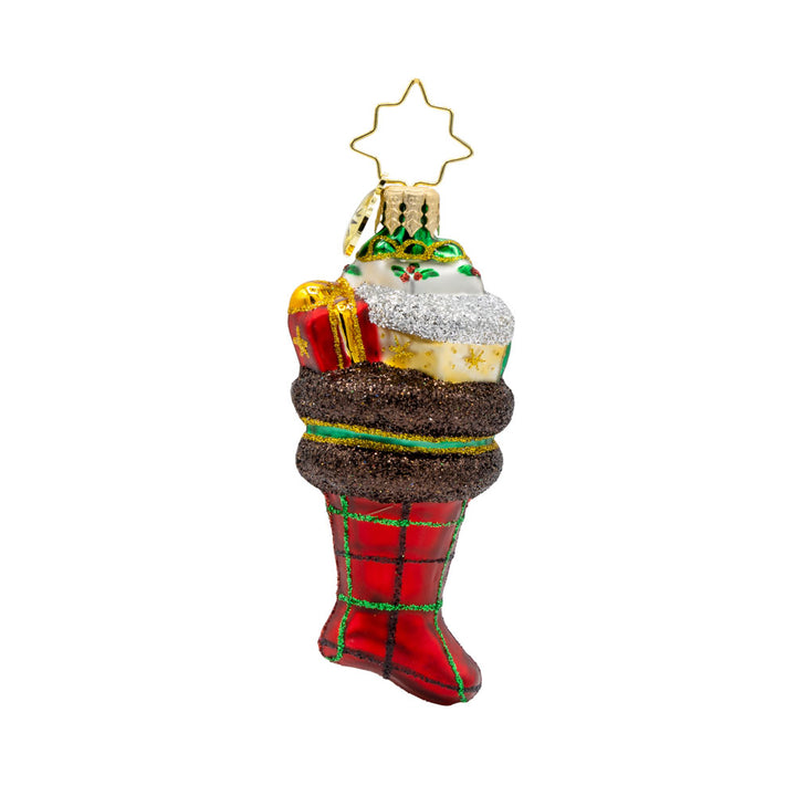 Festive Tartan Treasures Gem ornament. A red tartan stocking filled with gifts. View of back.