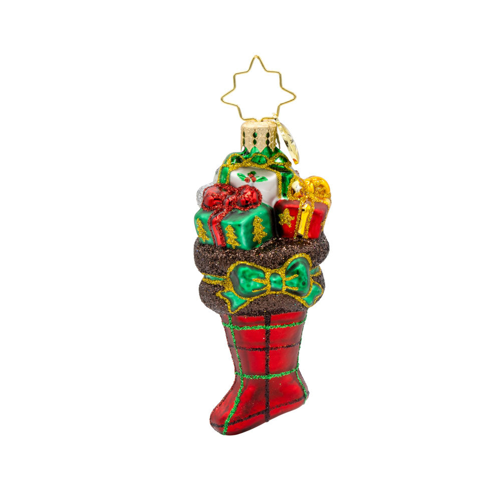 Festive Tartan Treasures Gem ornament. A red tartan stocking filled with gifts. View of front. 