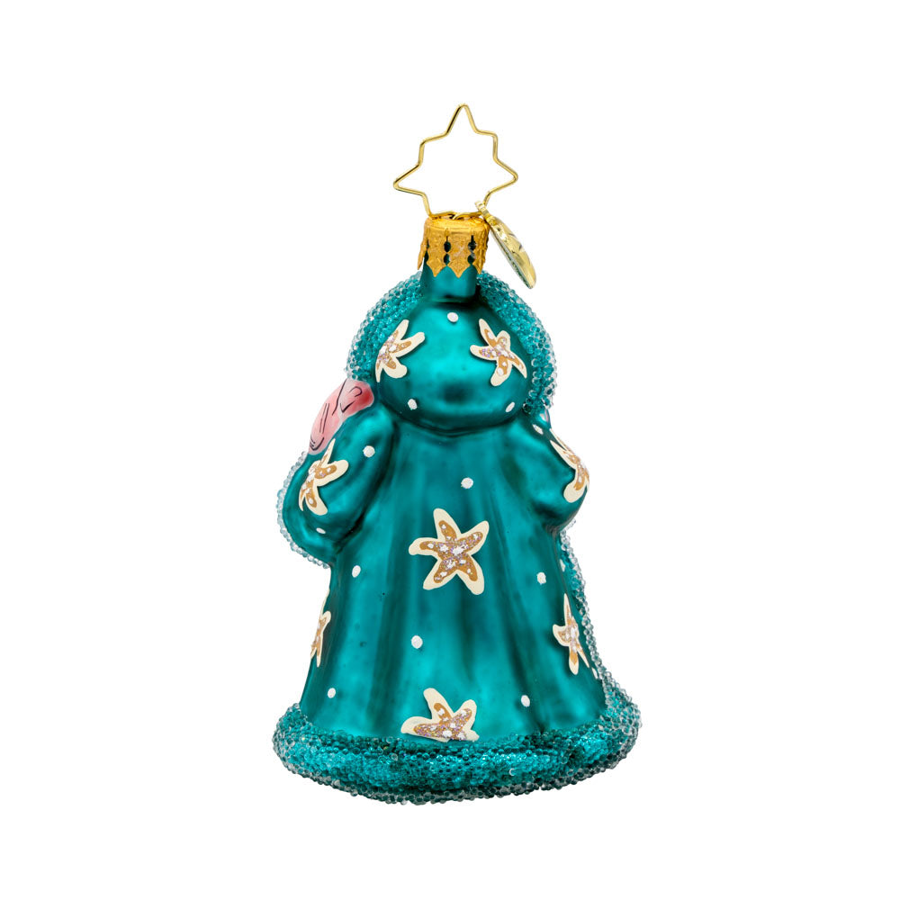 St. Nick's Nautical Noel Gem ornament. Santa is wearing a turquoise cloak adorned in pink seashells and starfish. View of back.