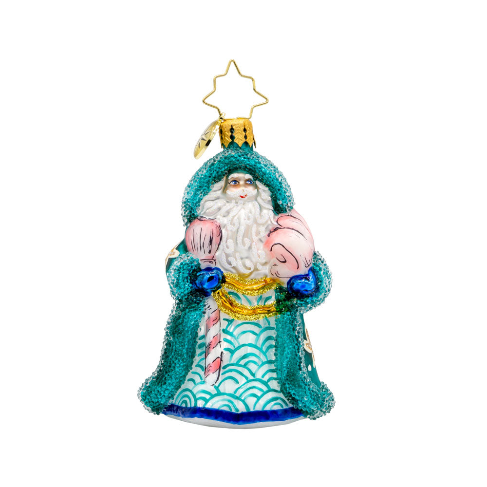 St. Nick's Nautical Noel Gem ornament. Santa is wearing a turquoise cloak adorned in pink seashells and starfish. View of front. 