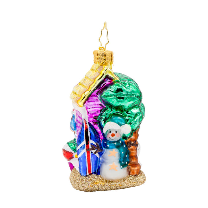 Santa's Seaside Shack Gem ornament.  Santa stands outside a sea shack ukulele in hand. A pelican and seashells keep him company. View of back.