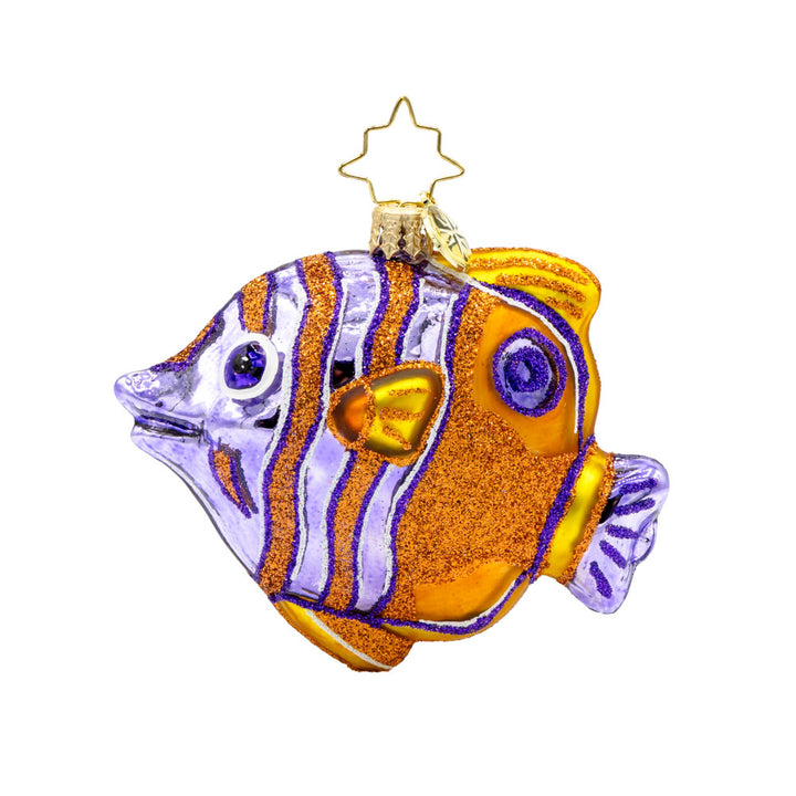 Coral Cherub Gem ornament. A gold and purple stiped Copper Band Butterfly fish. View of back.