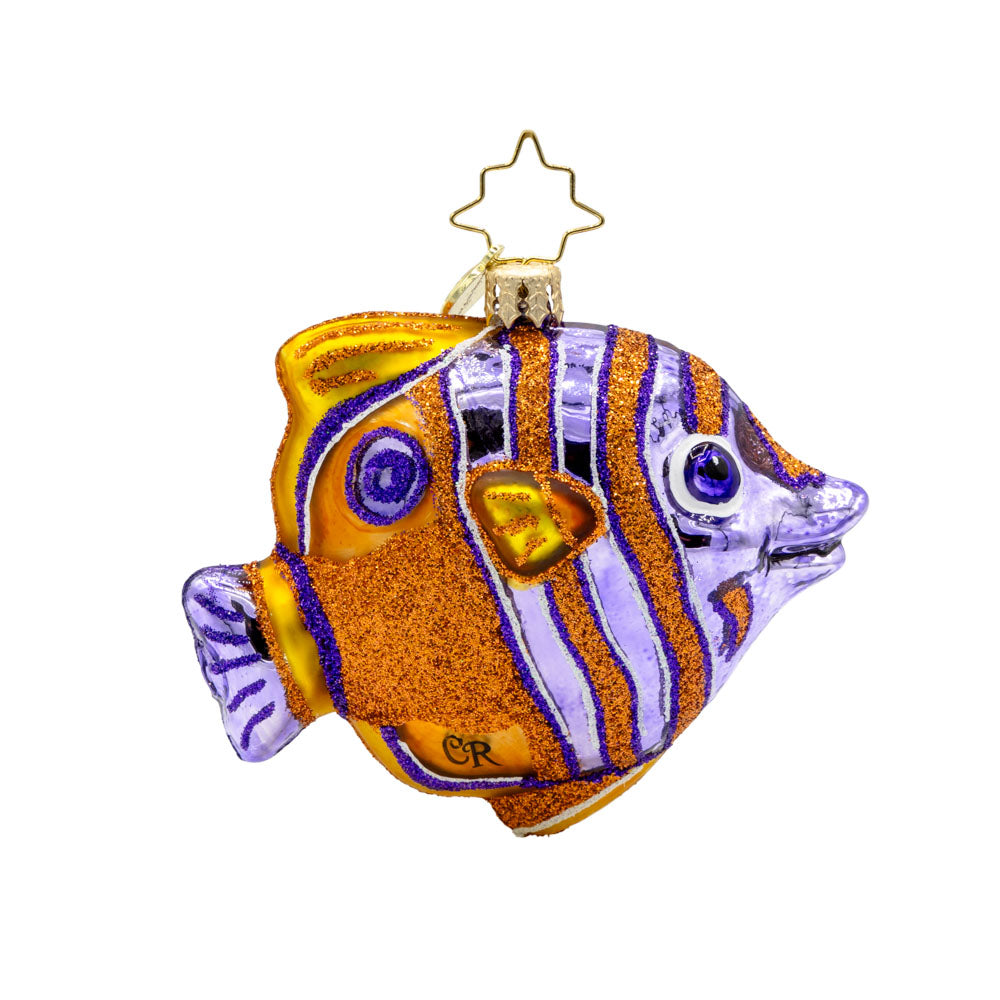 Coral Cherub Gem ornament. A gold and purple stiped Copper Band Butterfly fish. View of front. 