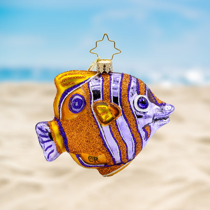 Coral Cherub Gem ornament. A gold and purple stiped Copper Band Butterfly fish. View of front. 
