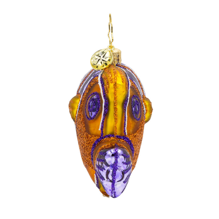 Coral Cherub Gem ornament. A gold and purple stiped Copper Band Butterfly fish. View of left side.