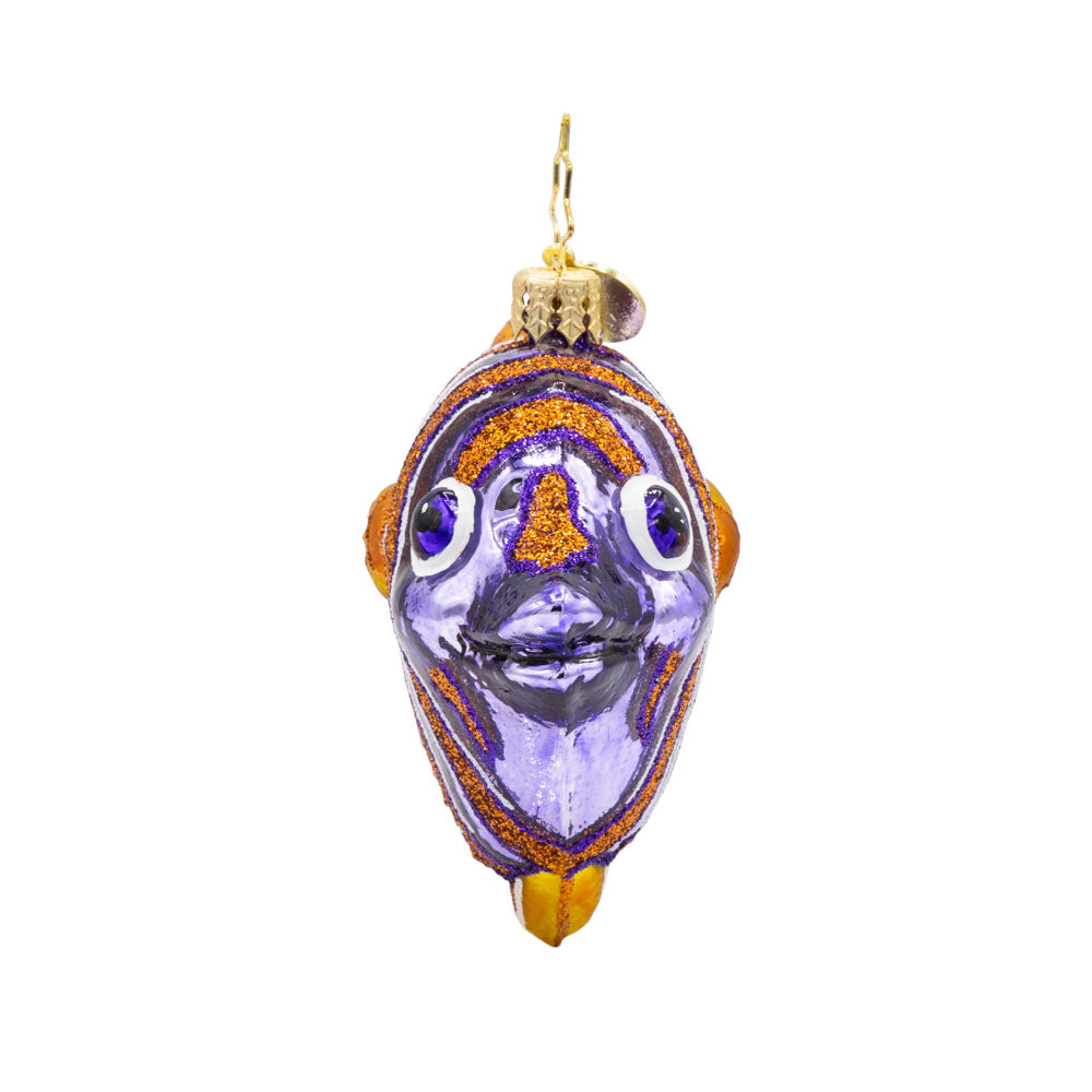 Coral Cherub Gem ornament. A gold and purple stiped Copper Band Butterfly fish. View of right side.