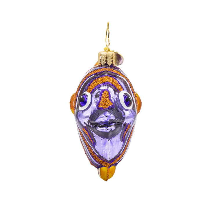 Coral Cherub Gem ornament. A gold and purple stiped Copper Band Butterfly fish. View of right side.