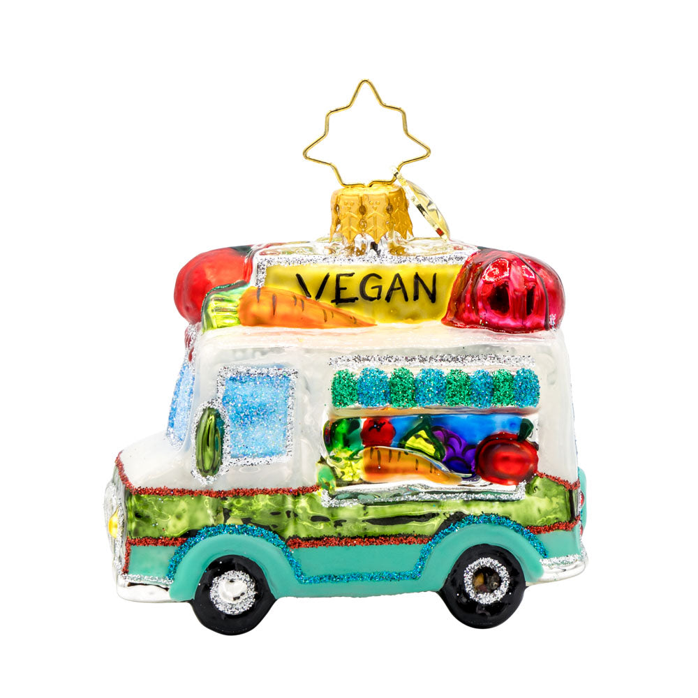 Veggie Express Gem ornament. Juicy fruits and crisp vegetables adorn this produce truck. View of back.
