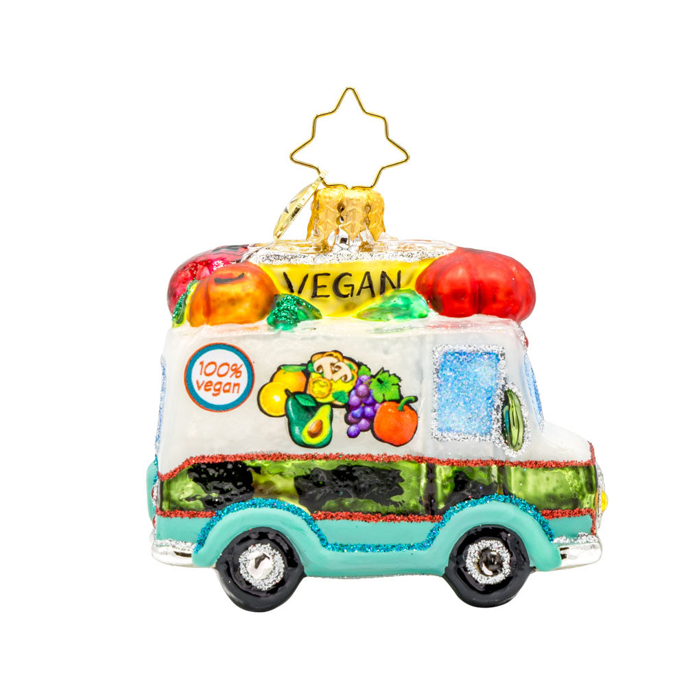 Veggie Express Gem ornament. Juicy fruits and crisp vegetables adorn this produce truck. View of front. 