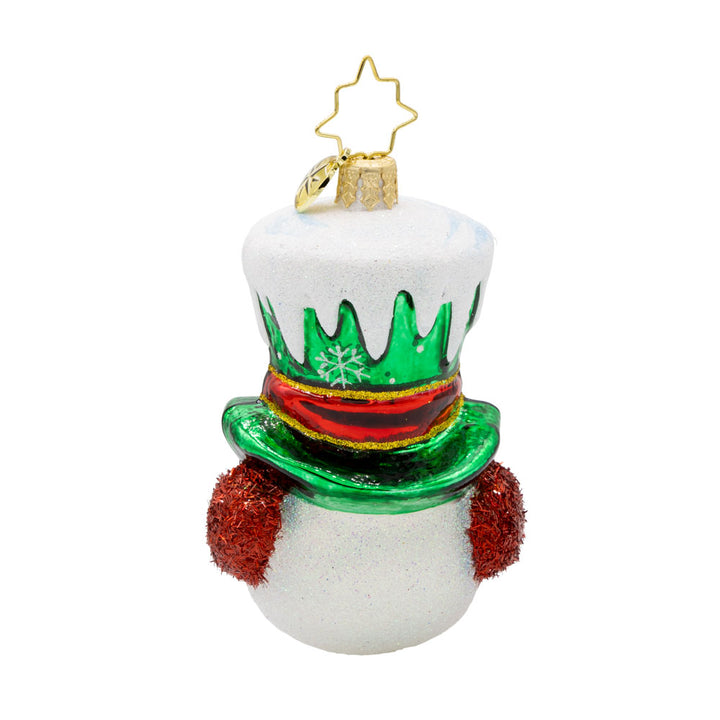 Top Hat Tidings Gem ornament. This snowman wears a green top hat, covered in snow with a red ribbon around it. View of back.