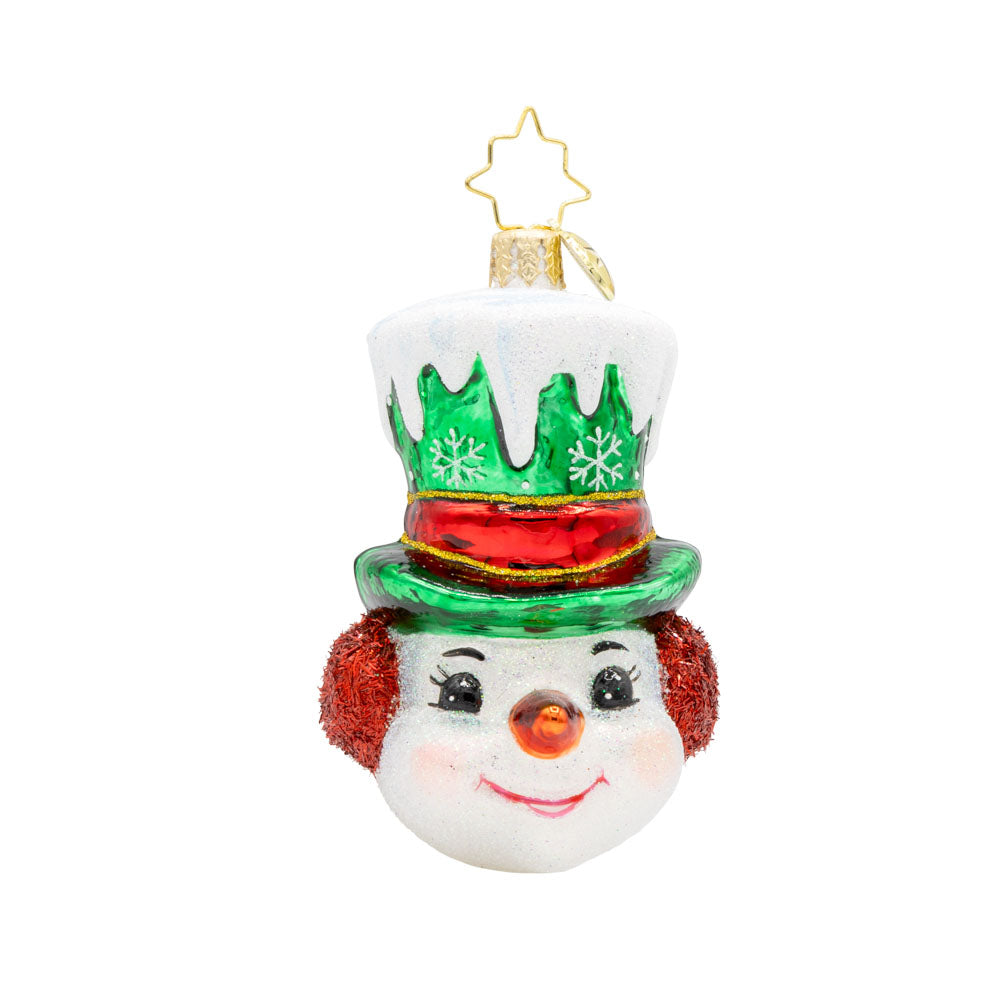 Top Hat Tidings Gem ornament. This snowman wears a green top hat, covered in snow with a red ribbon around it. View of front. 
