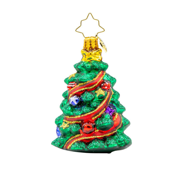 Wintery Tannenbaum Gem ornament. A decorated Christmas tree wrapped with a red ribbon. Gifts sit under the tree. View of back.
