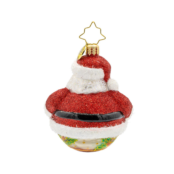 Jolly Holly Claus Gem ornament. Santa wears a sparkling red coat with white fur trim. His body makes up an ornament round featuring hand-painted holly on the underside. View of back.
