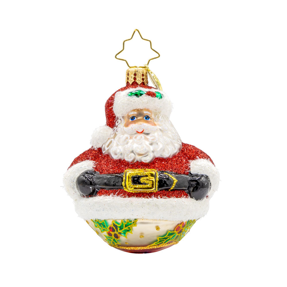 Jolly Holly Claus Gem ornament. Santa wears a sparkling red coat with white fur trim. His body makes up an ornament round featuring hand-painted holly on the underside. View of front. 