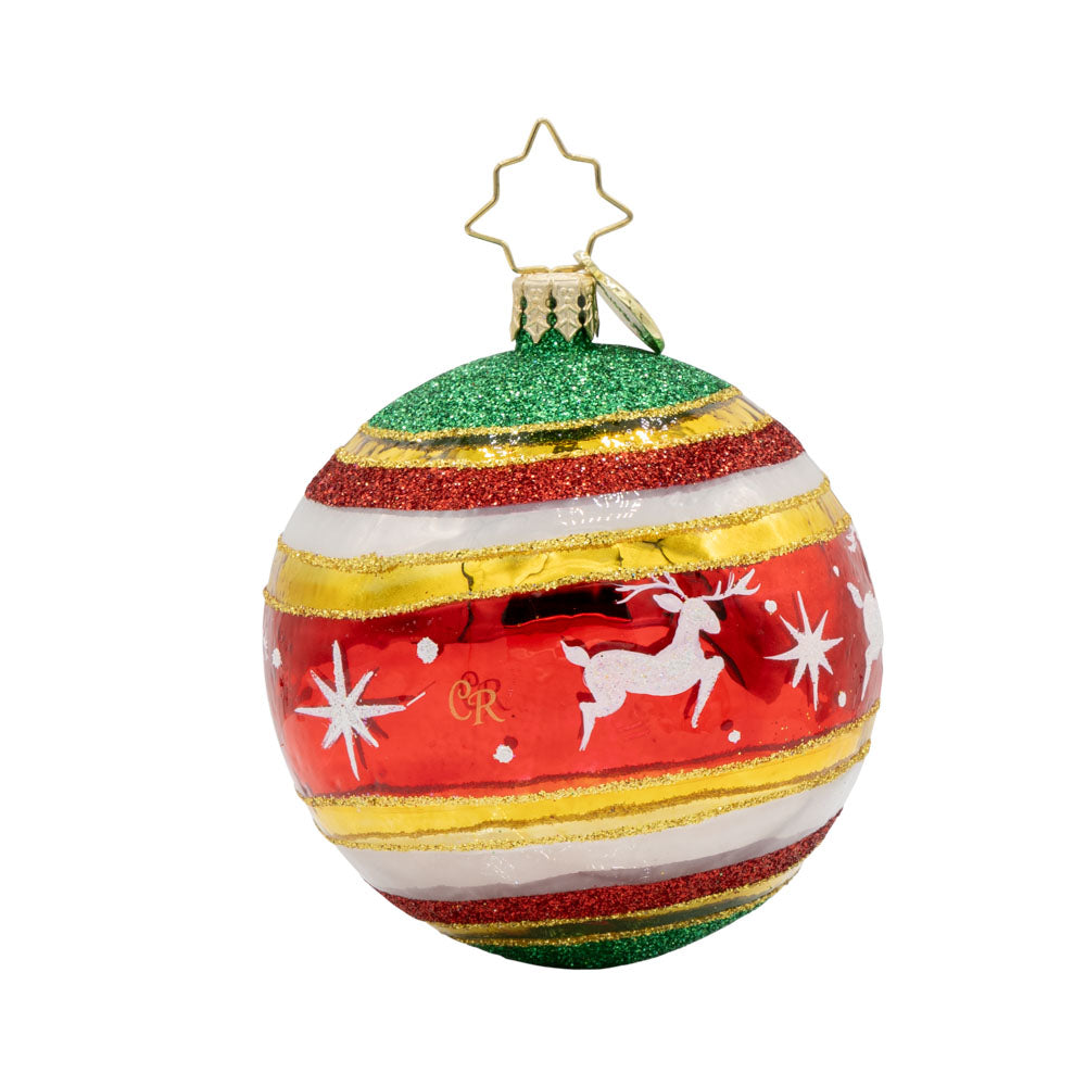 St. Nick's Spherical Cheer Gem ornament. On this ornament round of striped, red, green, and gold, Santa is seen carrying a gift. View of back.