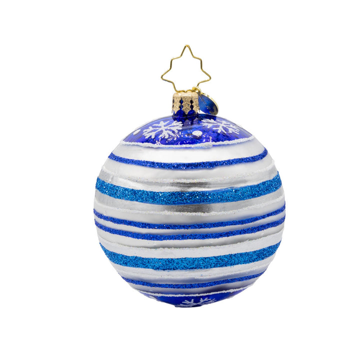 Snowy Spherical Cheer Gem ornament. A snowman dressed in a blue hat, scarf, and mittens. Encircled in a white ornament with blue stripes. View of back.