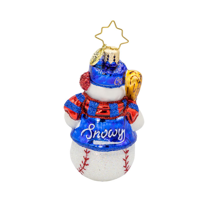 Snowy Slugger Gem ornament. A snowman dressed in baseball attire, ball and bat in hand. View of back.