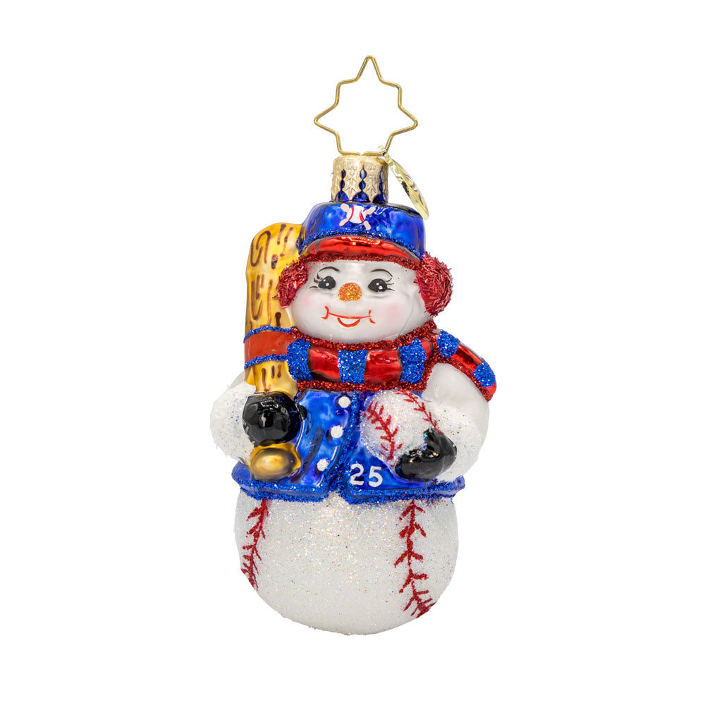 Snowy Slugger Gem ornament. A snowman dressed in baseball attire, ball and bat in hand. View of front. 