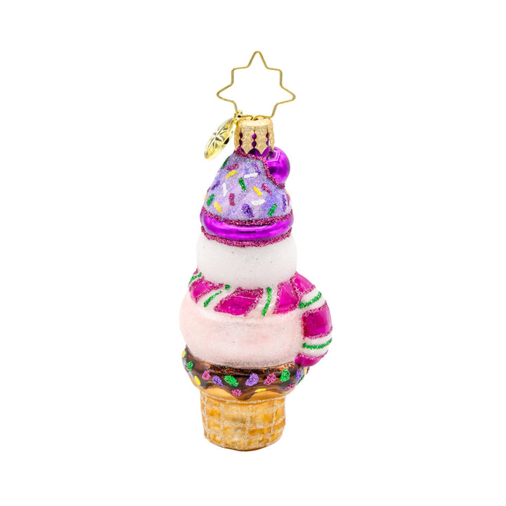 Extra Frosty Scoop Gem ornament. A pink and purple snowman covered in sprinkles atop an ice-cream cone. View of back.