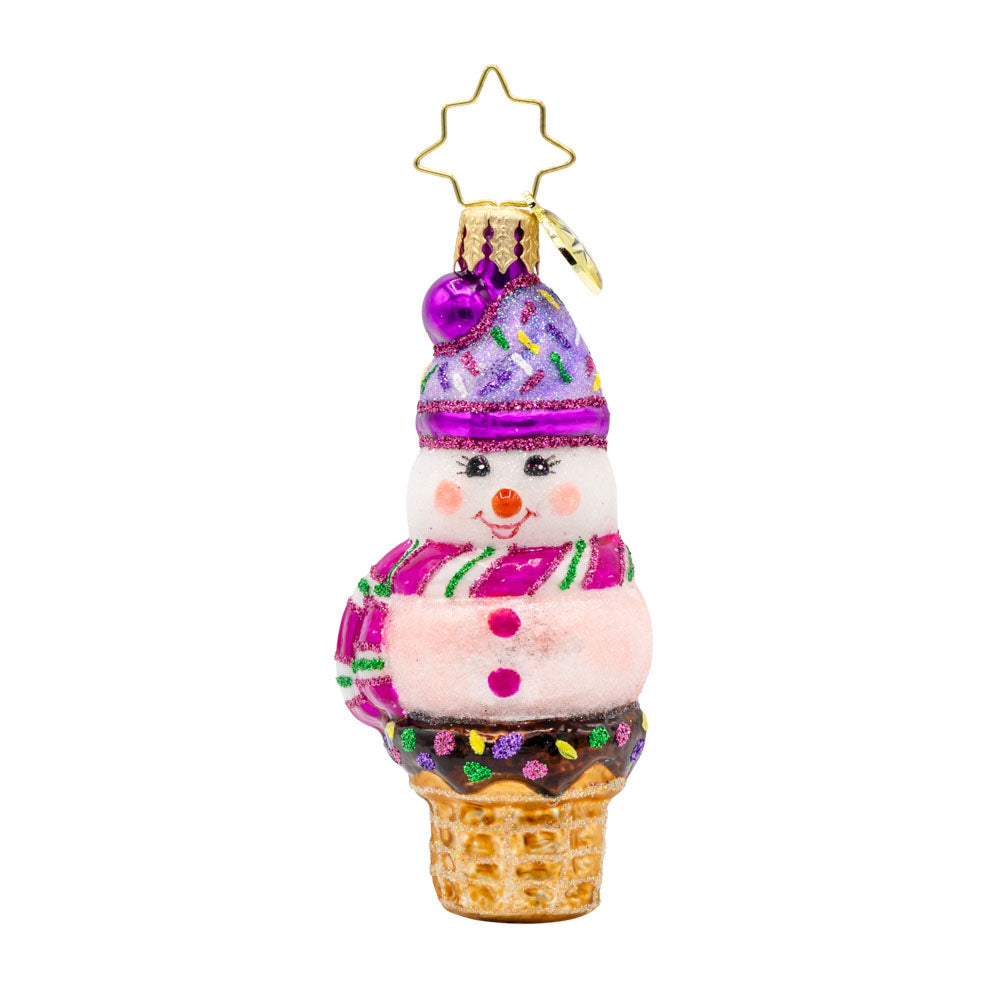 Extra Frosty Scoop Gem ornament. A pink and purple snowman covered in sprinkles atop an ice-cream cone. View of front.  