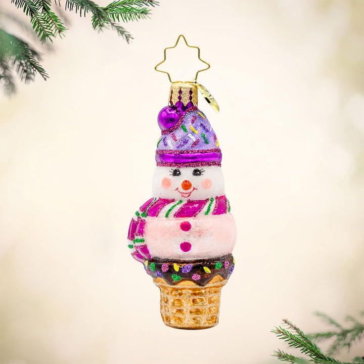 Extra Frosty Scoop Gem ornament. A pink and purple snowman covered in sprinkles atop an ice-cream cone. View of front.  