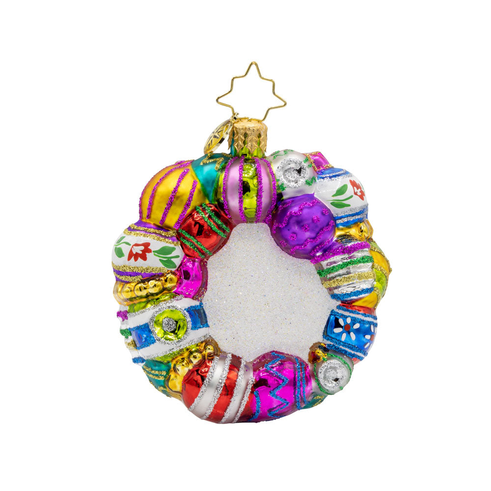 Vintage Holiday Wreath Gem ornament. This wreath is made out of various vibrantly colored ornaments in all colors of the rainbow. View of back.