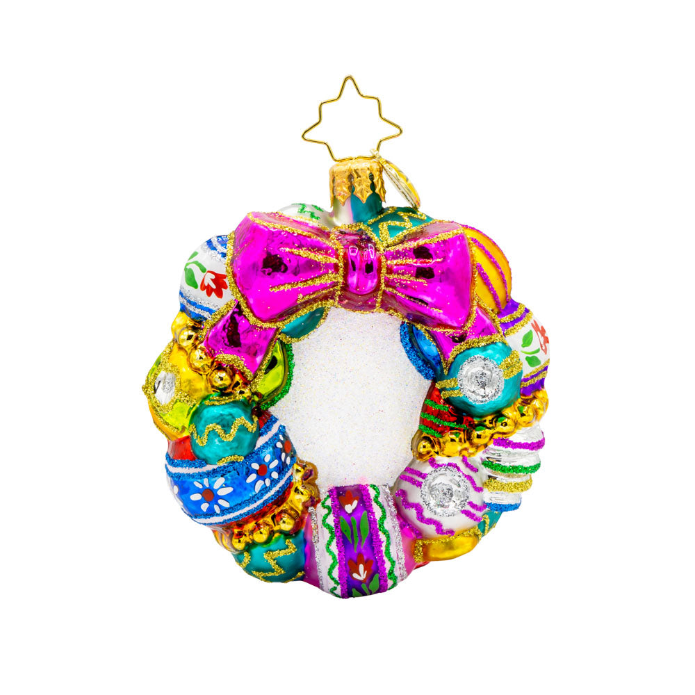Vintage Holiday Wreath Gem ornament. This wreath is made out of various vibrantly colored ornaments in all colors of the rainbow. View of front. 