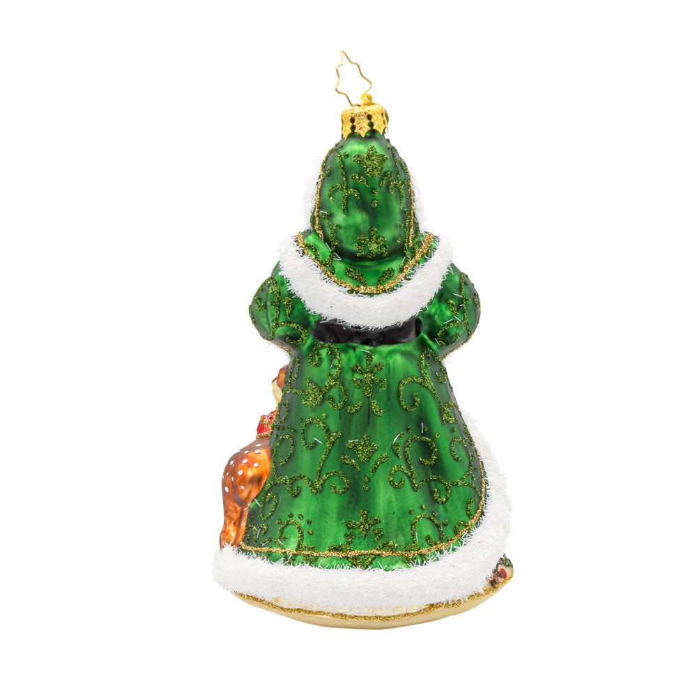 Deerly Beloved Santa ornament. Santa and his reindeer are dressed to impress. Santa dons a green hand-painted coat of holly. The reindeer has a red bow around its neck. View of back.