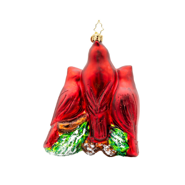 Cardinal Garden Greetings ornament. These cardinal birds are perched on a magnolia tree, with their shiny beaks and sparkling eyes. View of back.
