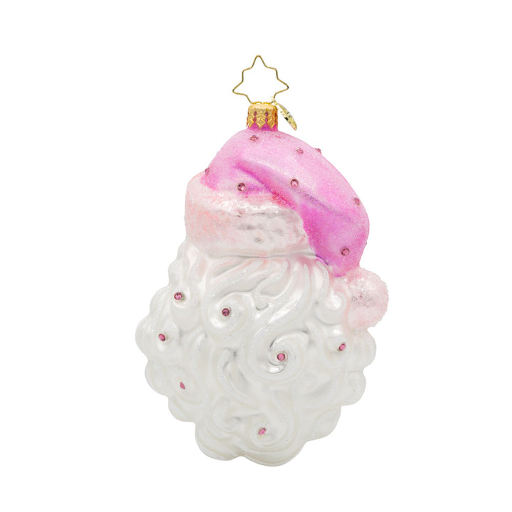 Strength in Pink ornament. This Santa head features a pink breast cancer awareness ribbon on his pink hat. View of back.