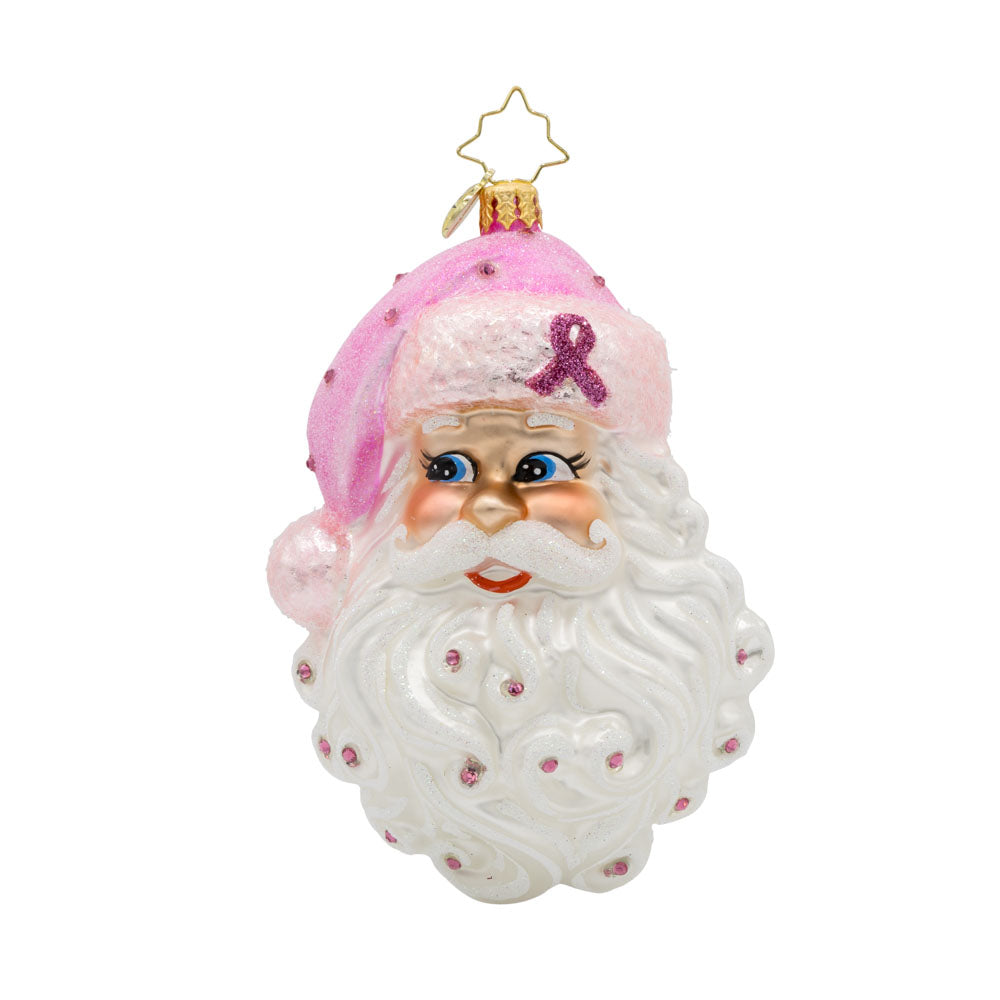 Strength in Pink ornament. This Santa head features a pink breast cancer awareness ribbon on his pink hat. View of front.
