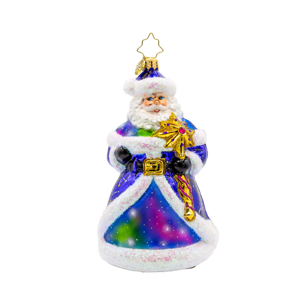 Celestial Claus ornament. This Santa has a galaxy swirling in his purple coat and constellations lighting up his robe. View of front.