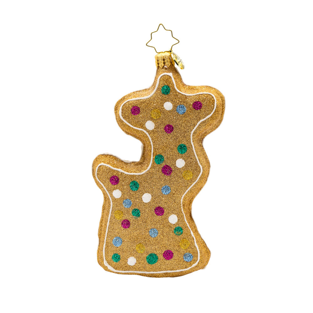Doughy Dasher ornament. A cookie shaped like a deer in festive gear. View of back.