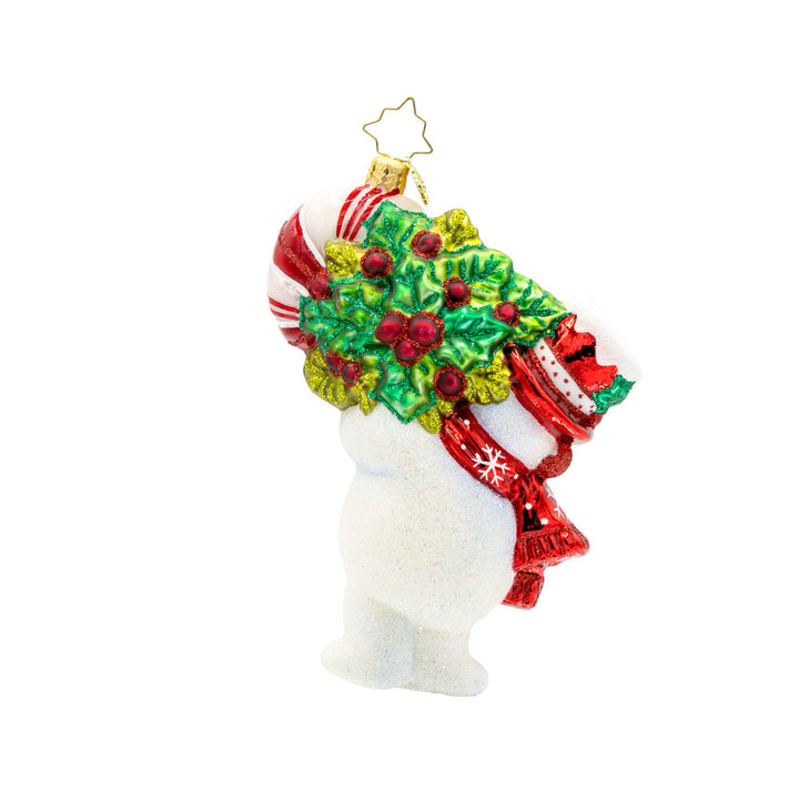 Snowy Retro Cheer ornament. This snowman dressed in festive red attire, holds a candy cane wrapped in red ribbon as big as himself. View of back.