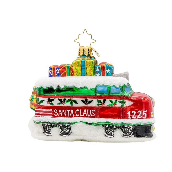 Claus the Conductor ornament.  This isn't your ordinary sleigh ride! Santa traded his reindeer for a train full of gifts. View of back.