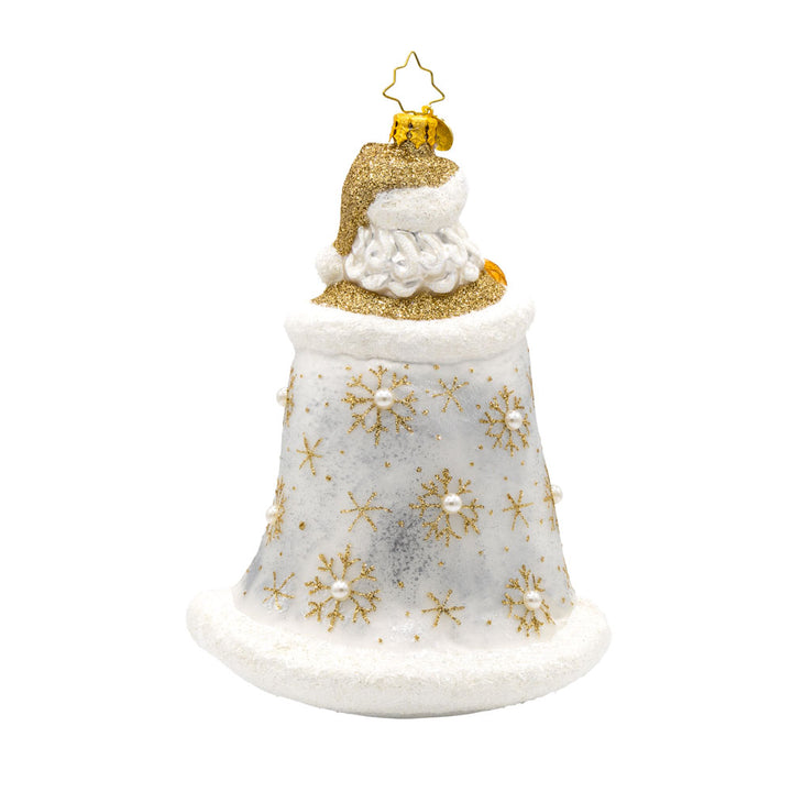 Gilded Kris Kringle ornament. Dressed in a shimmering robe, adorned with sparkling jewels and a regal crown. His festive cape and shimmering staff complete this elegant ensemble. View of back.