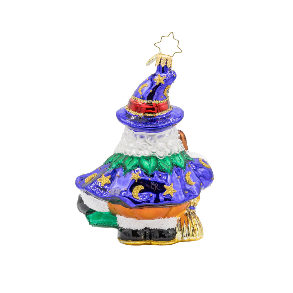 Jack- o'-Jolly Claus ornament. Santa trades his red suit for a pumpkin outfit, complete with a bright orange suit and a jack-o'-lantern face. View of back.