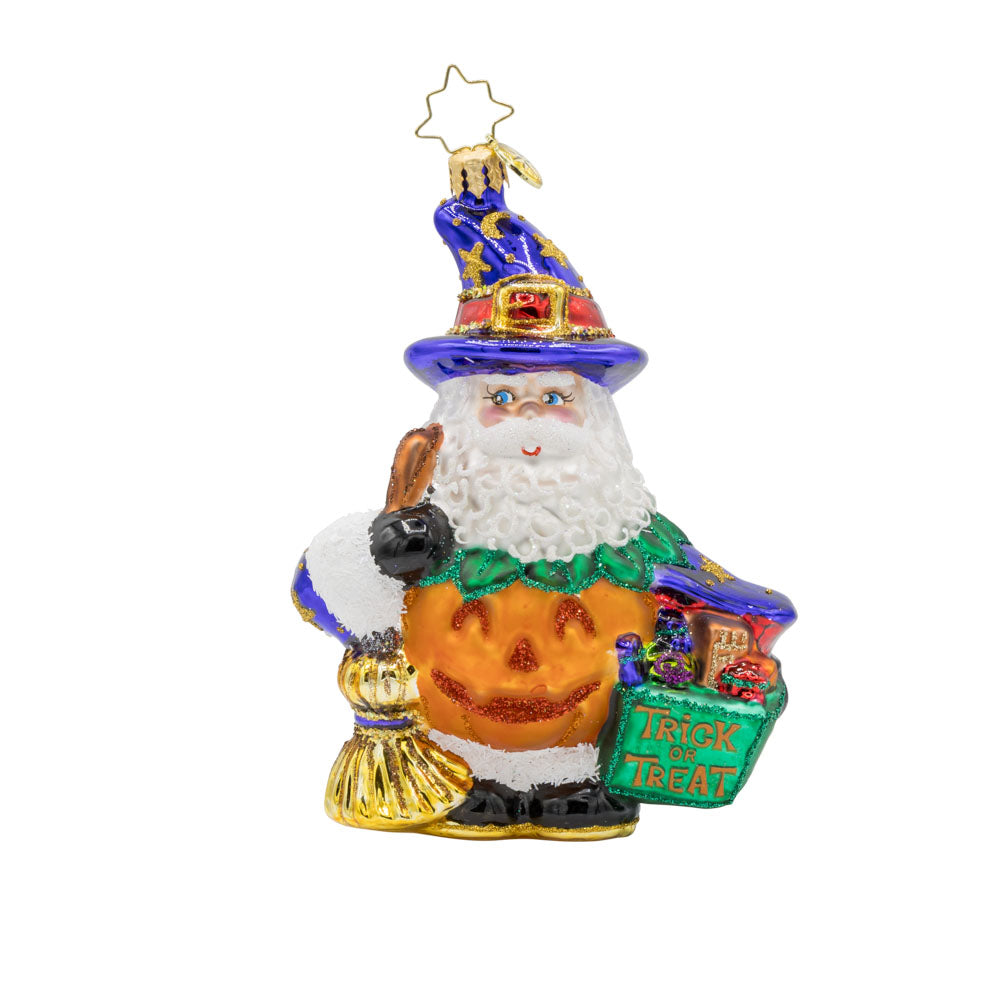 Jack- o'-Jolly Claus ornament. Santa trades his red suit for a pumpkin outfit, complete with a bright orange suit and a jack-o'-lantern face. View of front.