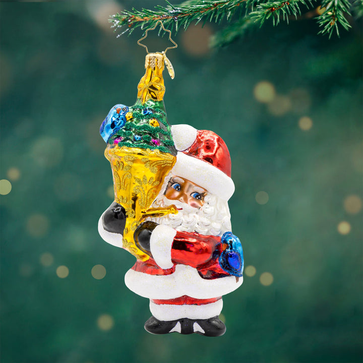 Tuba Tunes Claus ornament. Santa plays a tuba. View of front. 