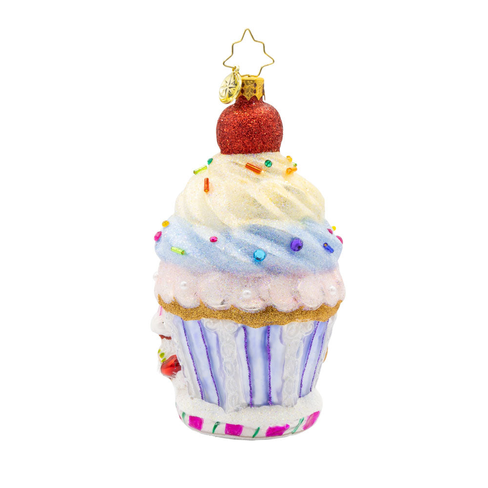 Confectionery Corner ornament.  A cupcake shop, complete with frosting, sprinkles, and all the festive flavors. View of back.