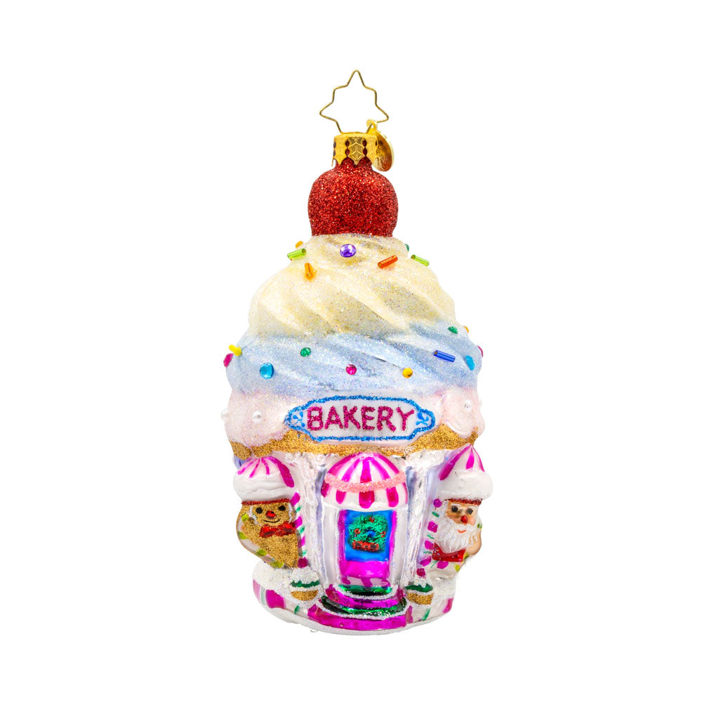 Confectionery Corner ornament.  A cupcake shop, complete with frosting, sprinkles, and all the festive flavors. View of front. 
