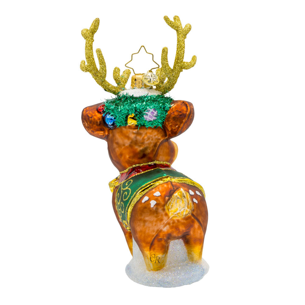 Festive Frosty Fawn ornament. This deer features sparkly antlers, a festive wreath, and jingling bells. View of back.
