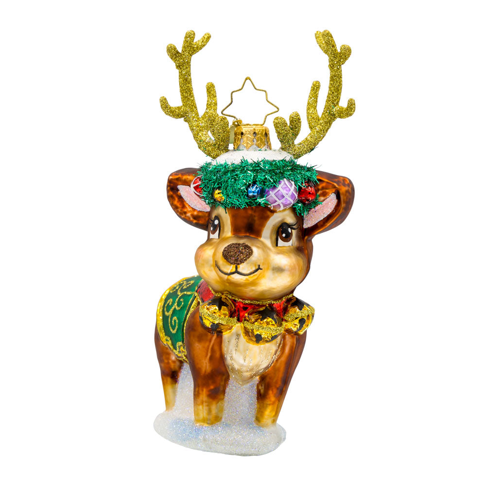 Festive Frosty Fawn ornament. This deer features sparkly antlers, a festive wreath, and jingling bells. View of front.