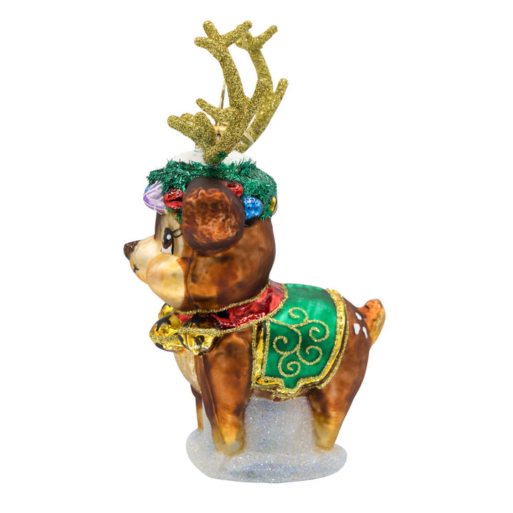 Festive Frosty Fawn ornament. This deer features sparkly antlers, a festive wreath, and jingling bells. View of right side.