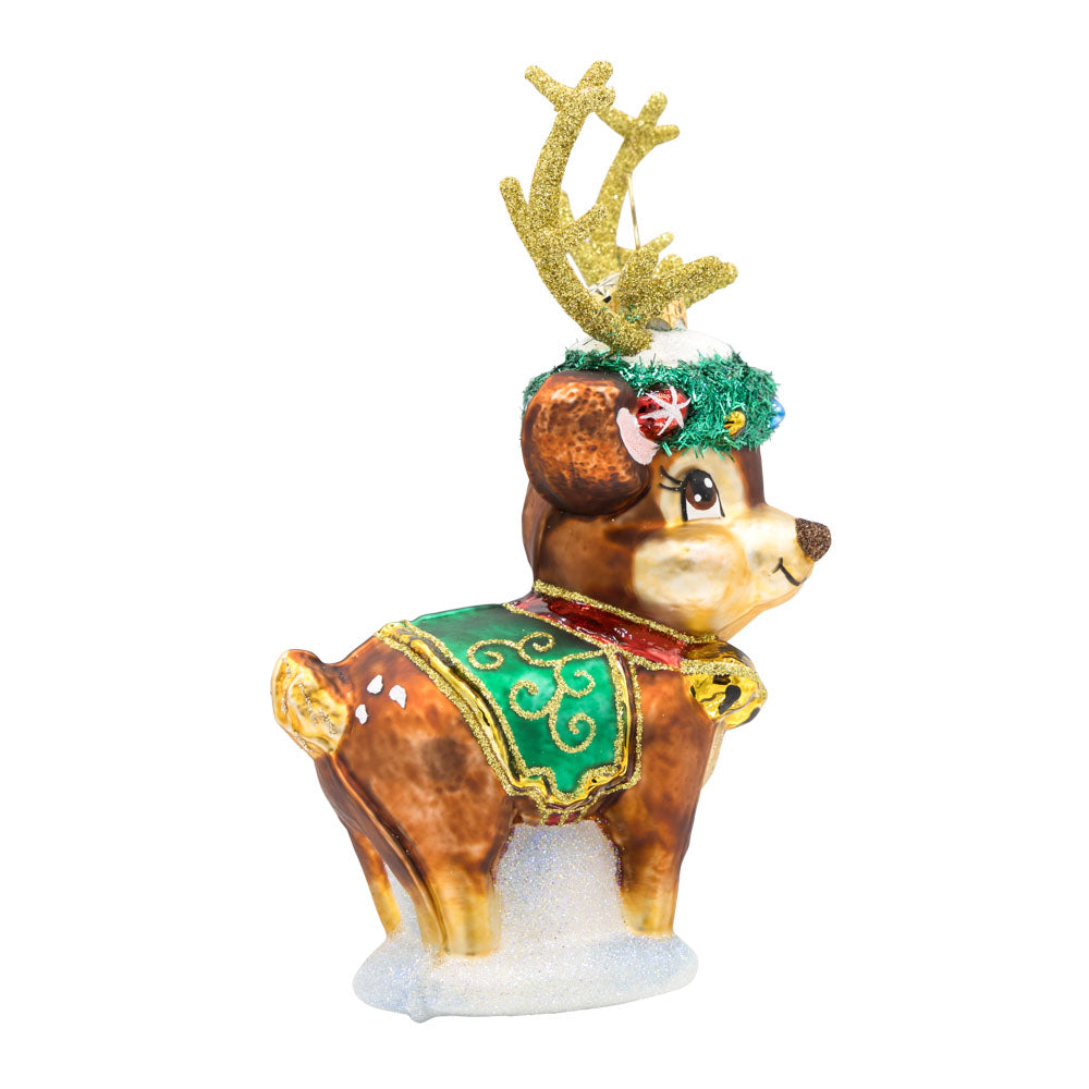Festive Frosty Fawn ornament. This deer features sparkly antlers, a festive wreath, and jingling bells. View of left side.